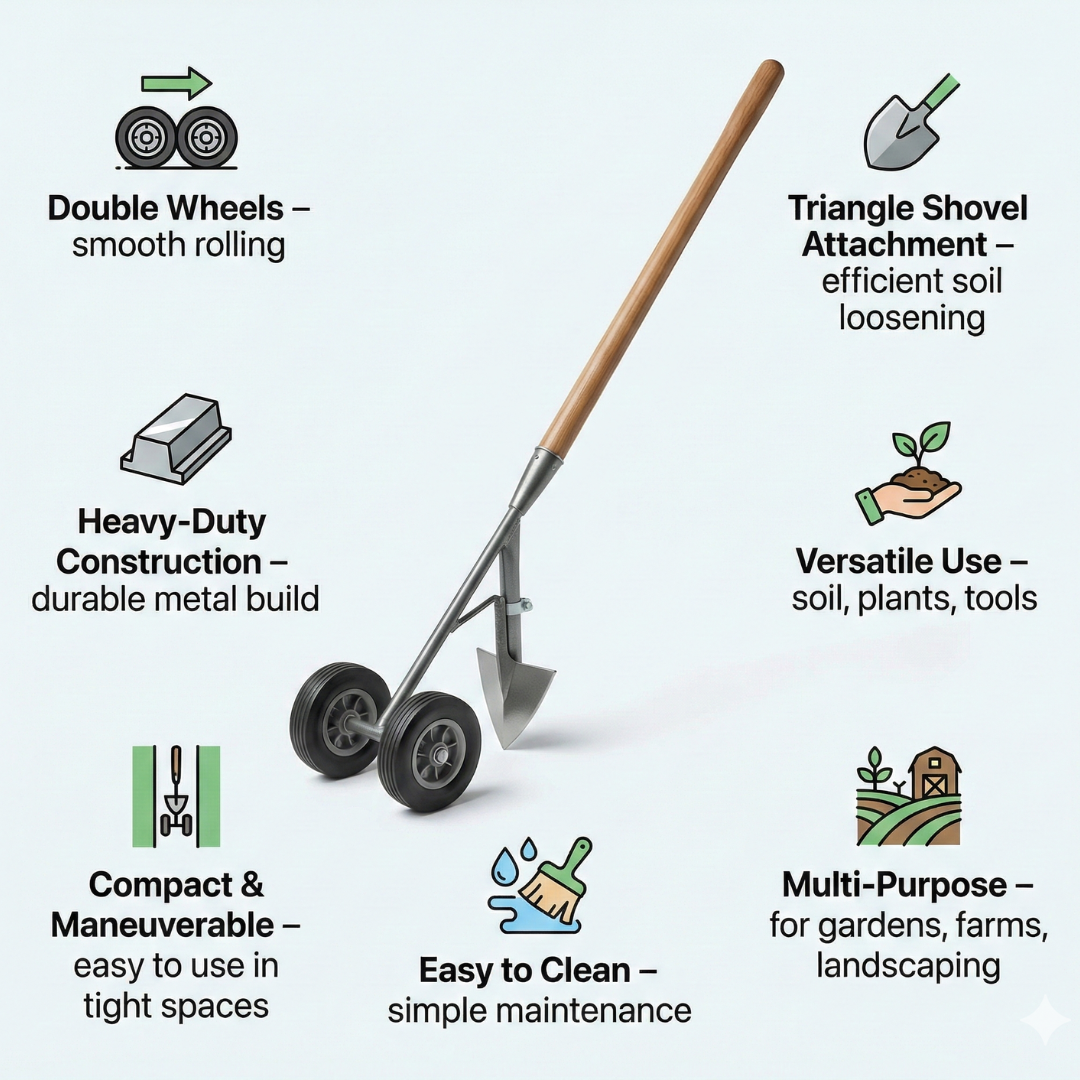 Garden Tool Supporter with Double Wheels & Triangle Shovel